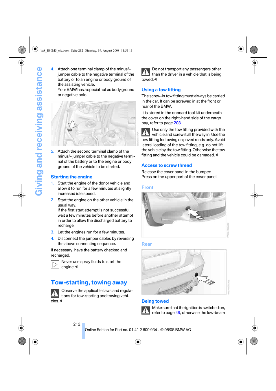 Tow-starting, towing away, Giving and receiving assistance | BMW M3 Sedan 2009 User Manual | Page 214 / 246