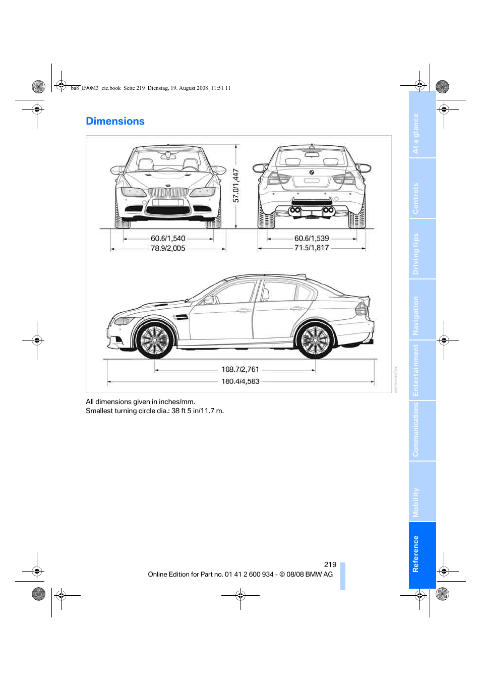 Dimensions | BMW M3 Sedan 2009 User Manual | Page 221 / 246