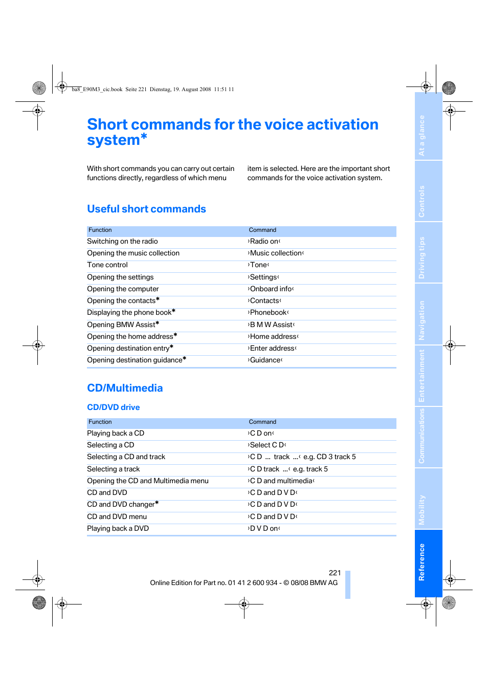 Short commands for the voice activation system, Useful short commands, Cd/multimedia | Useful short commands cd/multimedia | BMW M3 Sedan 2009 User Manual | Page 223 / 246