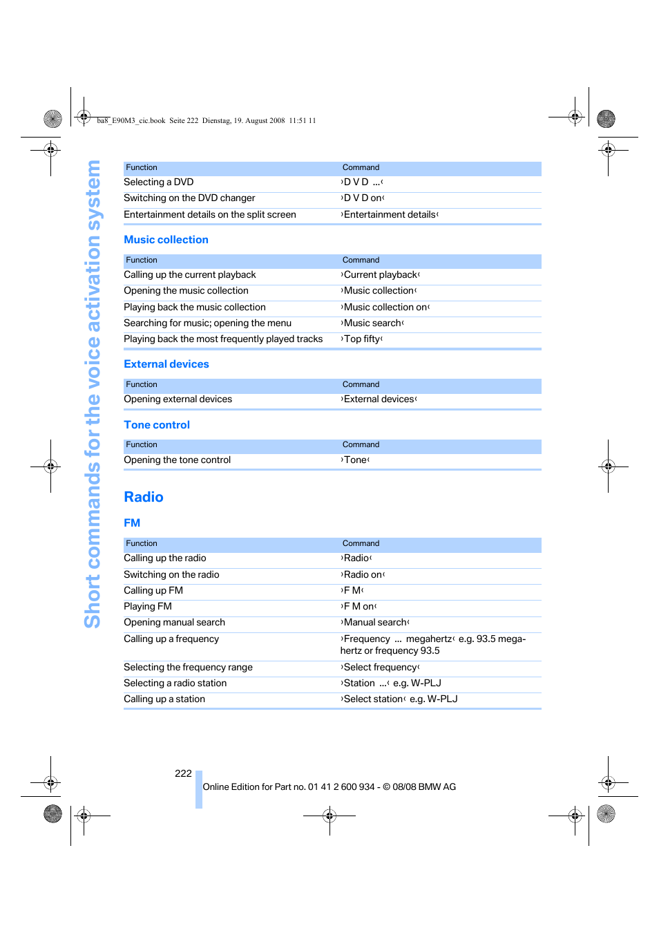 Radio, Short commands for the vo ice activation system | BMW M3 Sedan 2009 User Manual | Page 224 / 246