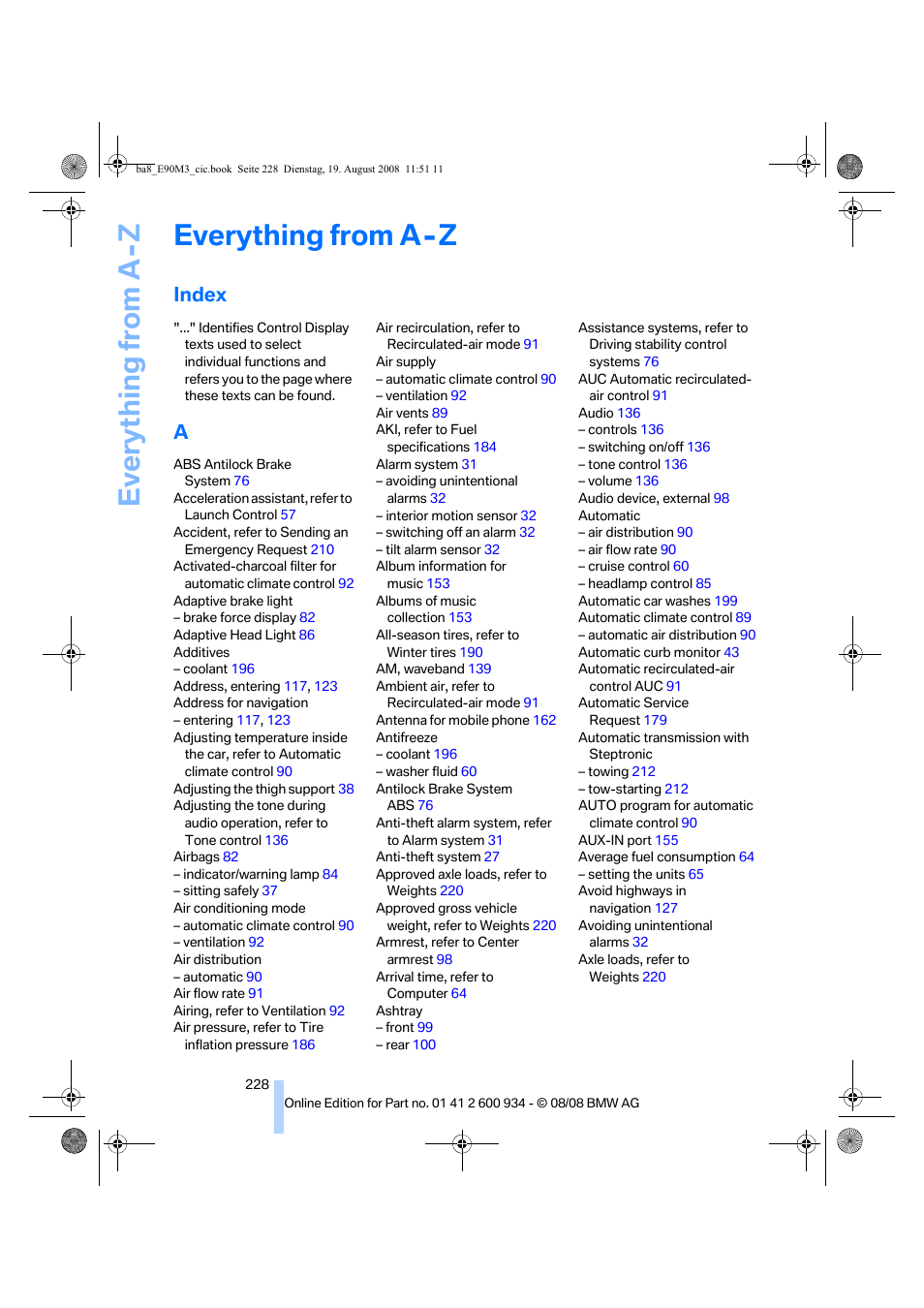 Everything from a - z, Index, Everything from a -z | Everything from a-z | BMW M3 Sedan 2009 User Manual | Page 230 / 246