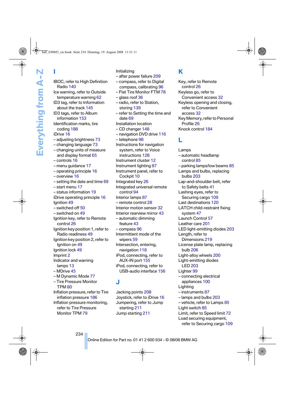 Everything from a -z | BMW M3 Sedan 2009 User Manual | Page 236 / 246