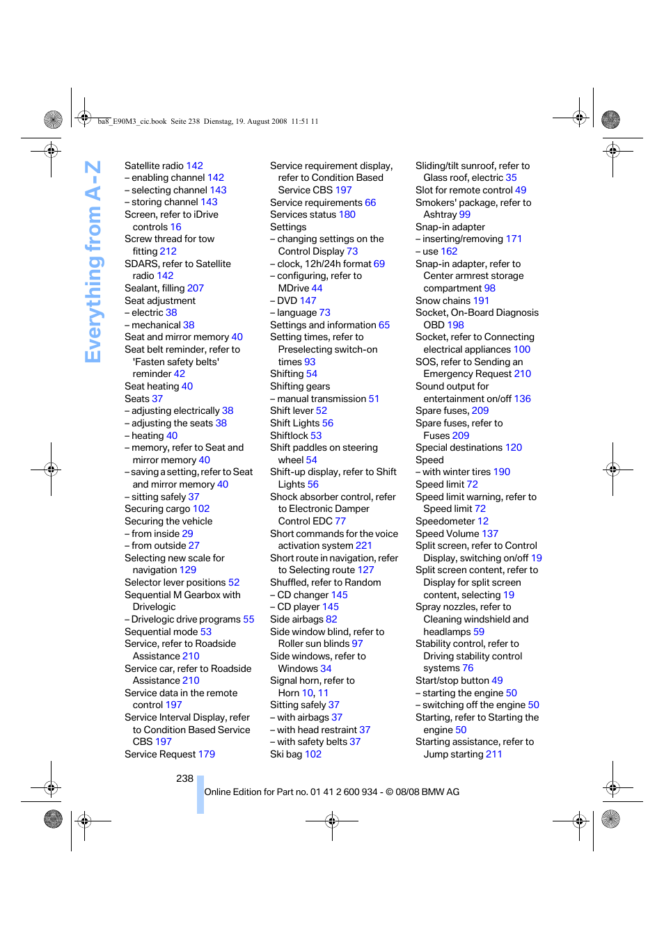 Everything from a -z | BMW M3 Sedan 2009 User Manual | Page 240 / 246