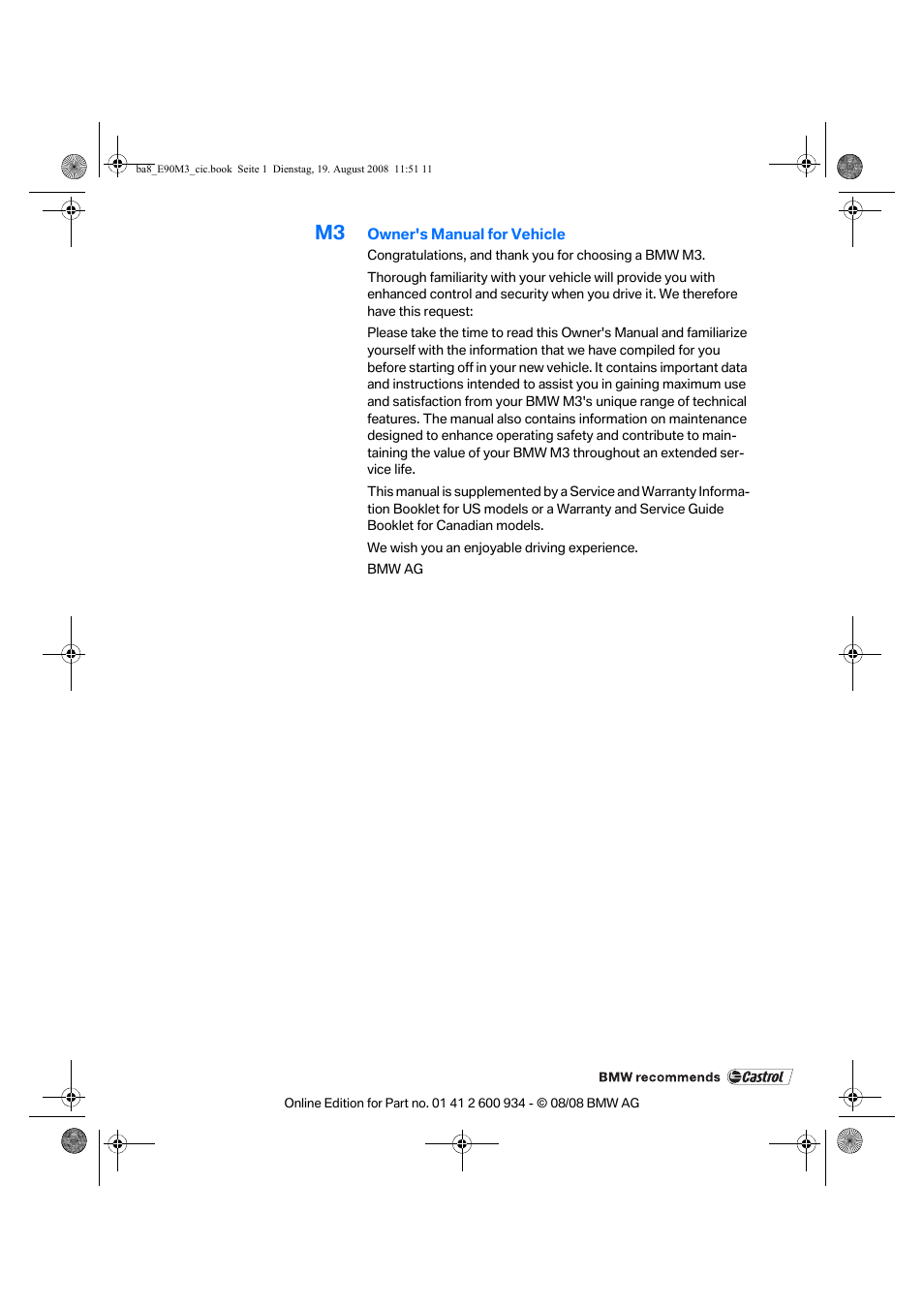 BMW M3 Sedan 2009 User Manual | Page 3 / 246