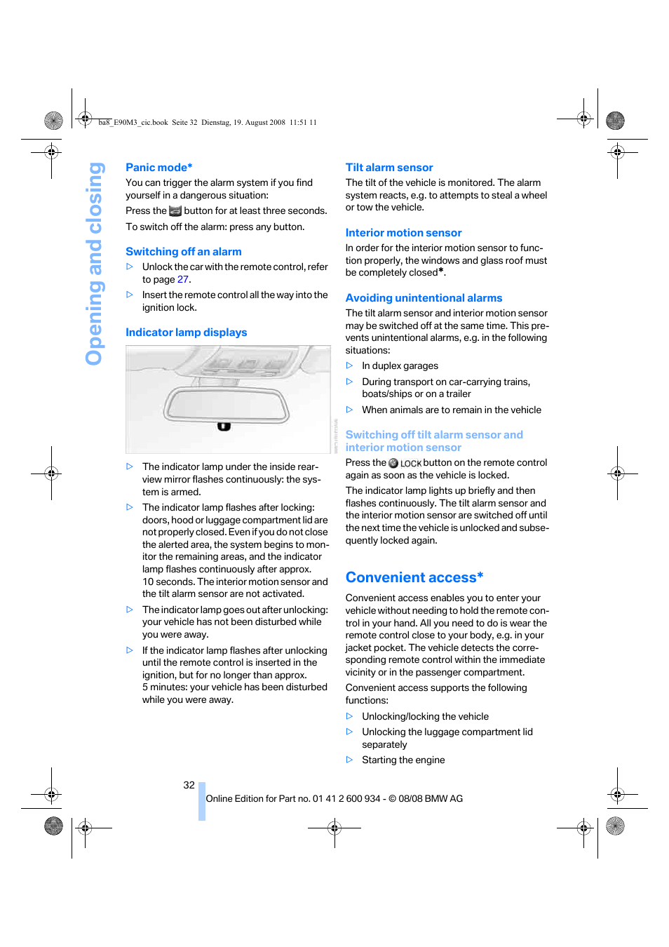 Convenient access, Interior motion sensor, re, Opening and closing | BMW M3 Sedan 2009 User Manual | Page 34 / 246