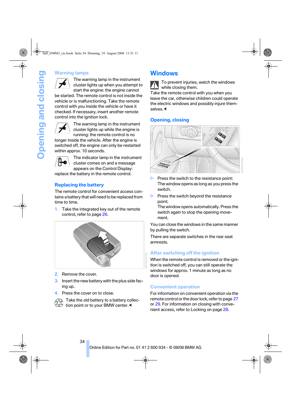 Windows, Opening and closing | BMW M3 Sedan 2009 User Manual | Page 36 / 246