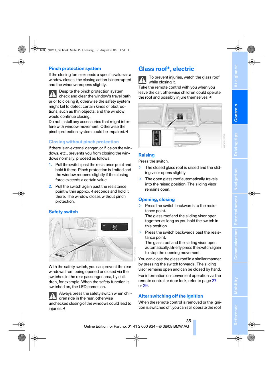 Glass roof*, electric | BMW M3 Sedan 2009 User Manual | Page 37 / 246