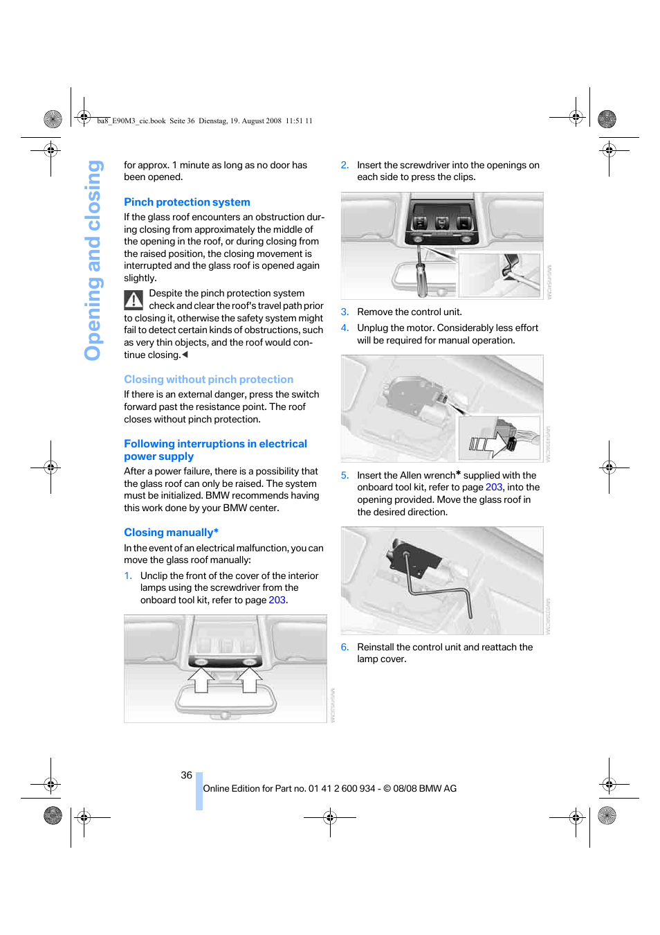 Opening and closing | BMW M3 Sedan 2009 User Manual | Page 38 / 246