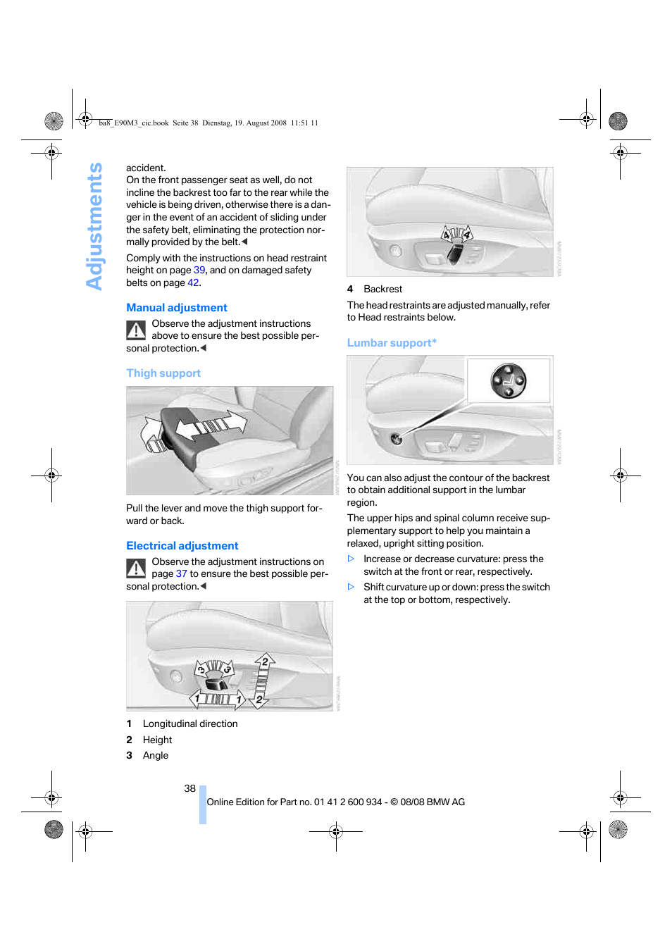 Adjustments | BMW M3 Sedan 2009 User Manual | Page 40 / 246