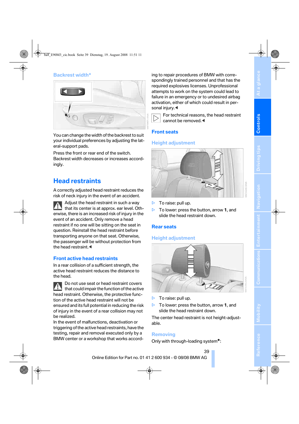 Head restraints, To head restraints belo | BMW M3 Sedan 2009 User Manual | Page 41 / 246