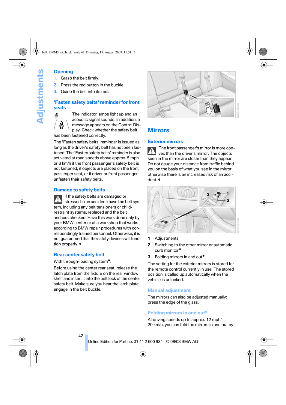 Mirrors, Adjustments | BMW M3 Sedan 2009 User Manual | Page 44 / 246