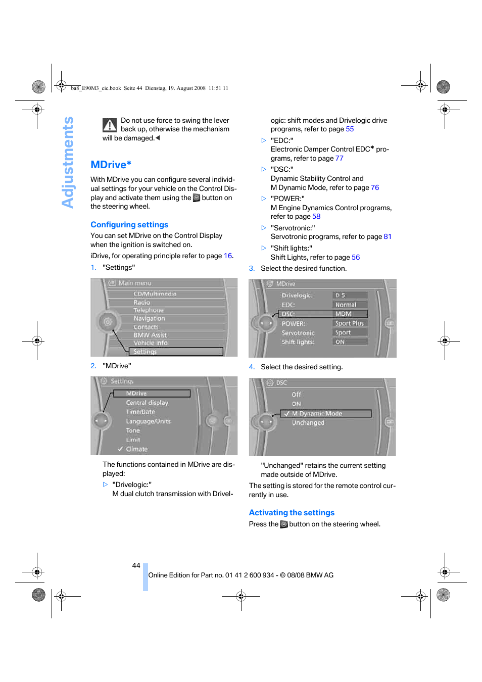 Mdrive, Ttings, Adjustments | BMW M3 Sedan 2009 User Manual | Page 46 / 246