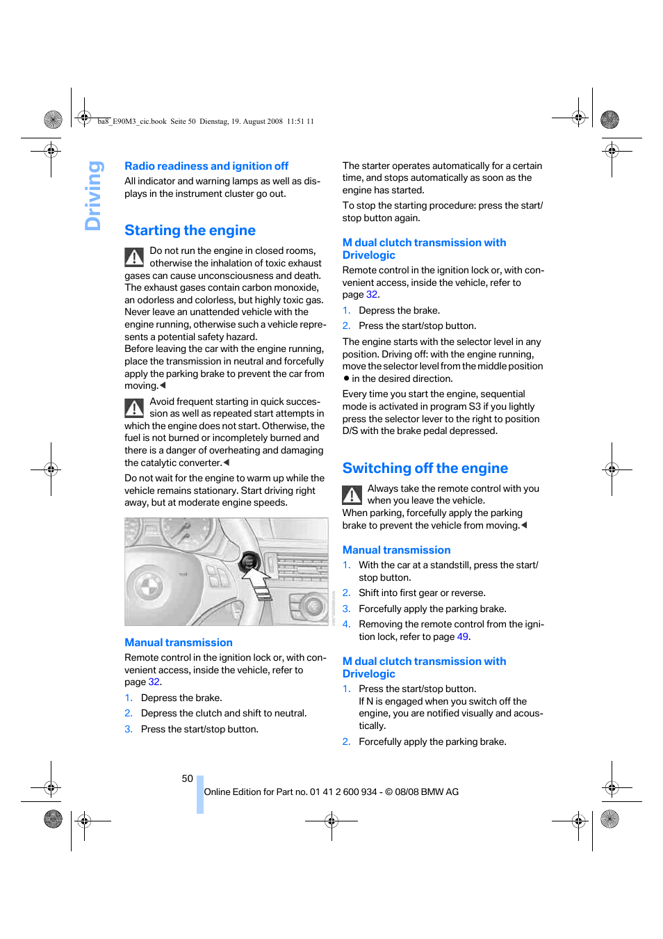 Starting the engine, Switching off the engine, Driving | BMW M3 Sedan 2009 User Manual | Page 52 / 246