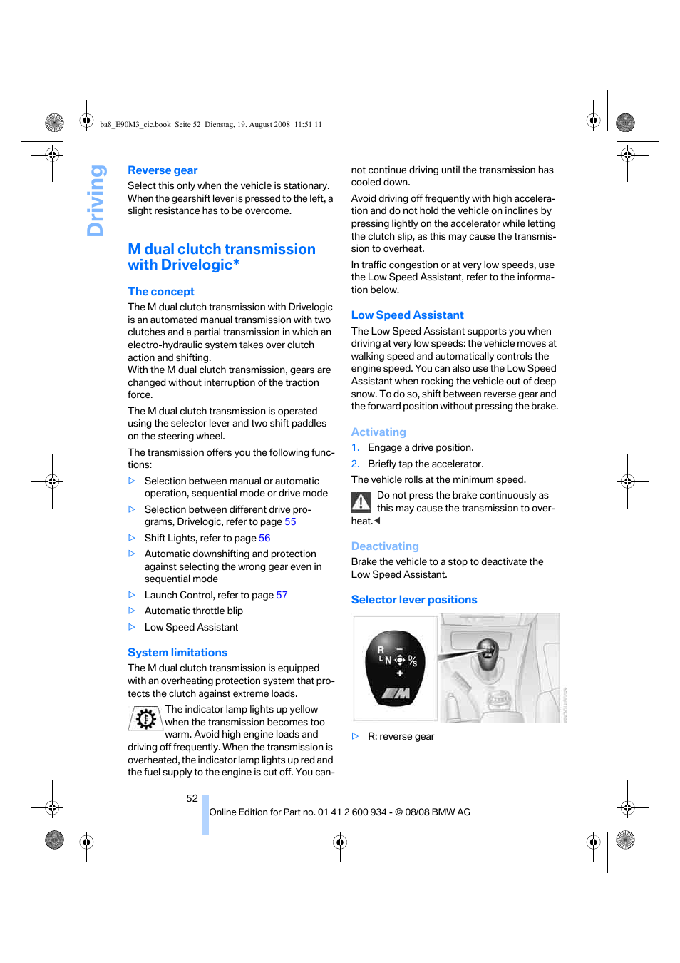 M dual clutch transmission with drivelogic, Driving | BMW M3 Sedan 2009 User Manual | Page 54 / 246