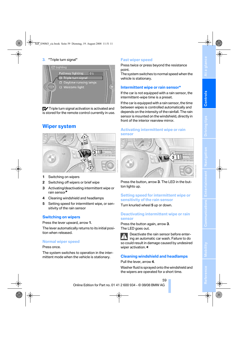 Wiper system | BMW M3 Sedan 2009 User Manual | Page 61 / 246