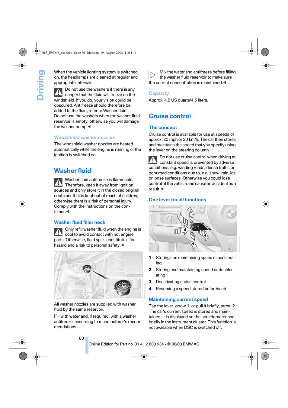 Washer fluid, Cruise control, Control | Driving | BMW M3 Sedan 2009 User Manual | Page 62 / 246