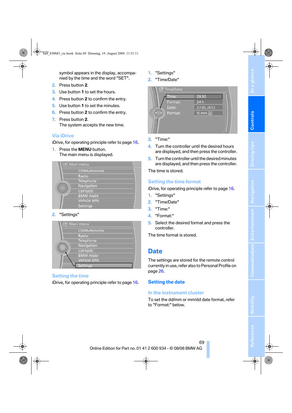 Date, Setting the date, Refer to date | BMW M3 Sedan 2009 User Manual | Page 71 / 246