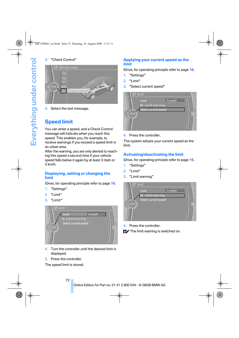 Speed limit, Everything under control | BMW M3 Sedan 2009 User Manual | Page 74 / 246