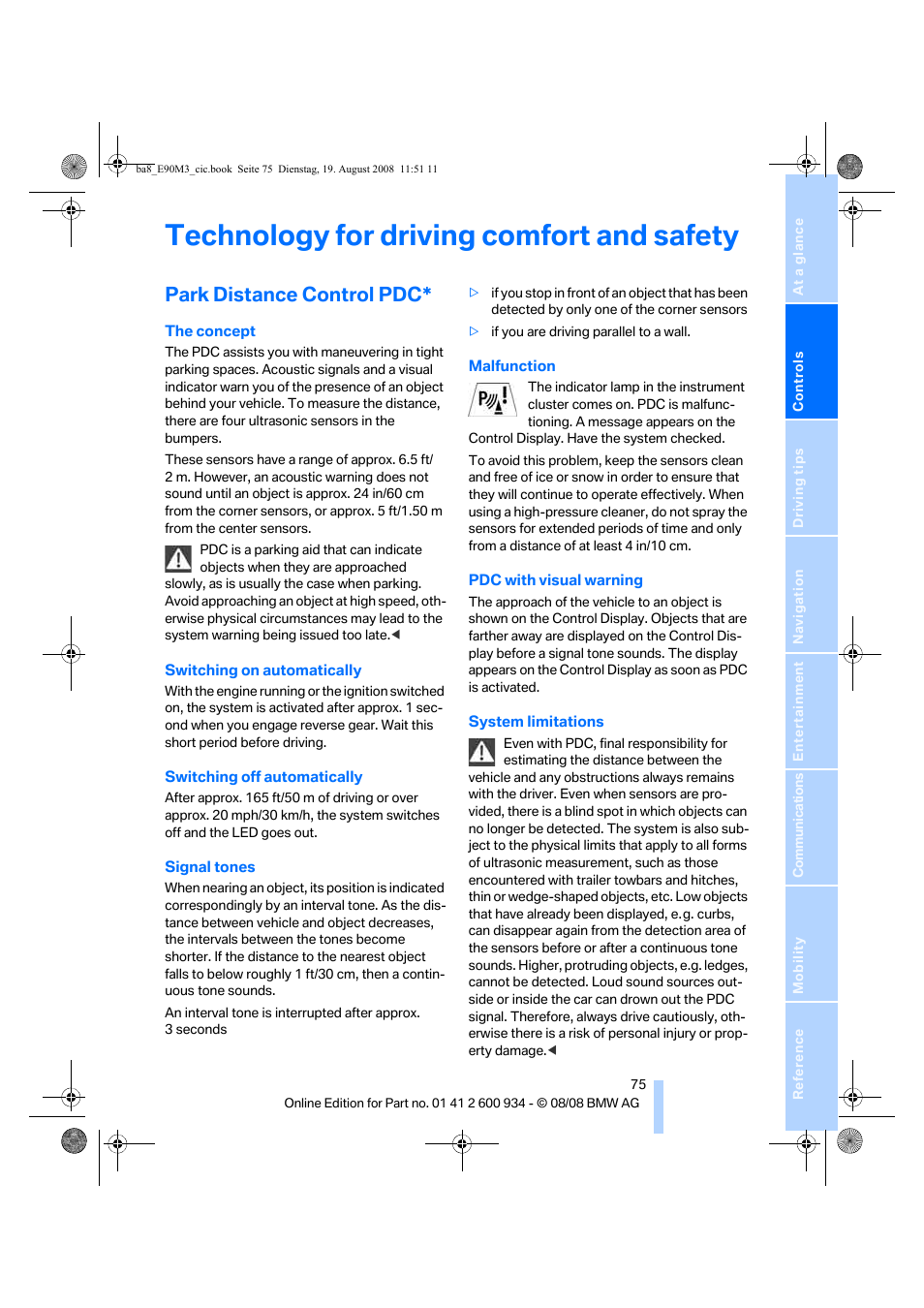 Technology for driving comfort and safety, Park distance control pdc | BMW M3 Sedan 2009 User Manual | Page 77 / 246