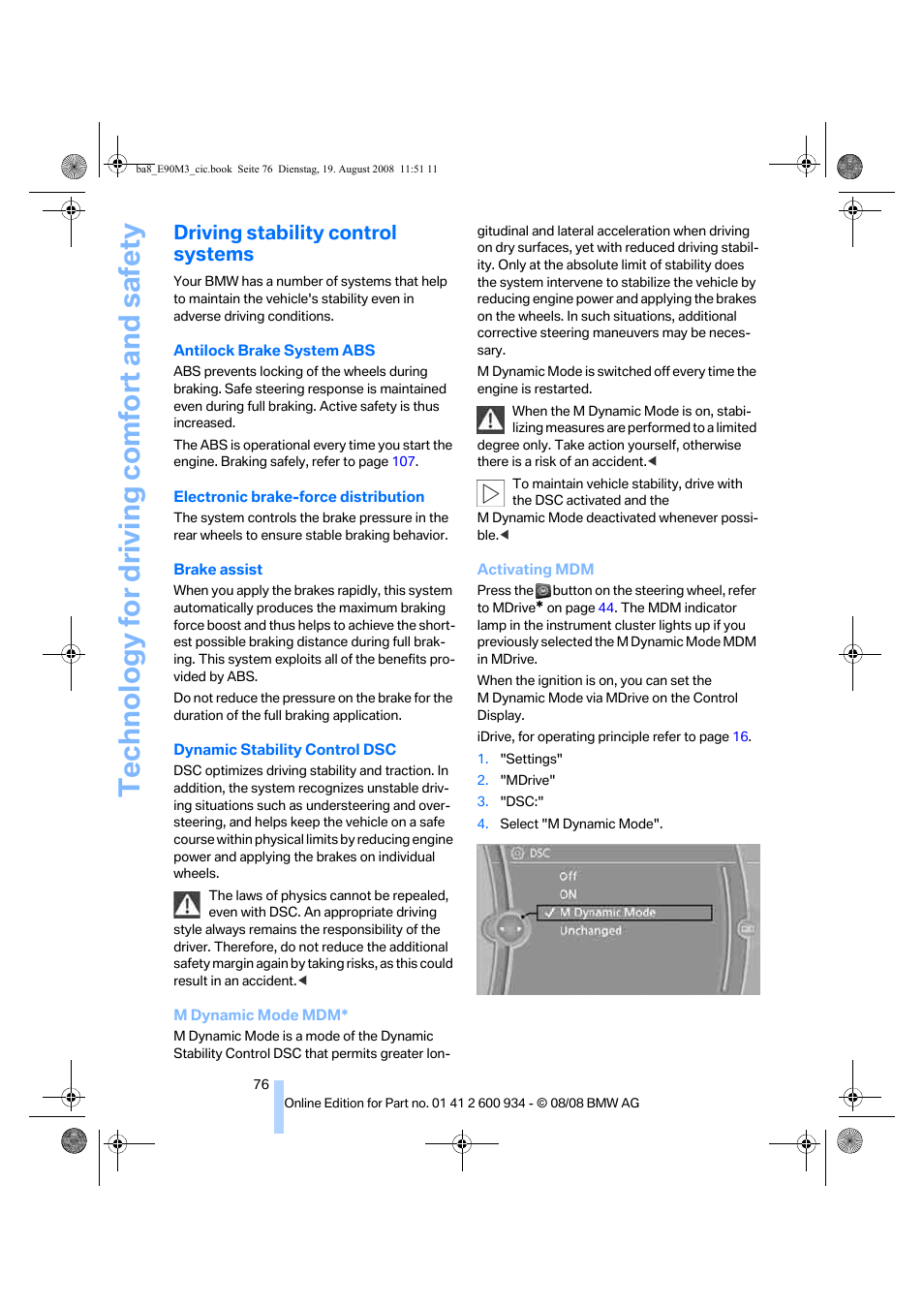 Driving stability control systems, Stability, Technology for driving comfort and safety | BMW M3 Sedan 2009 User Manual | Page 78 / 246