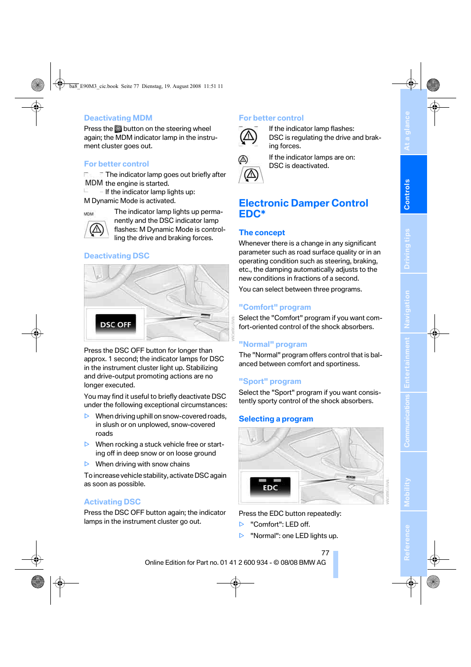 Electronic damper control edc | BMW M3 Sedan 2009 User Manual | Page 79 / 246