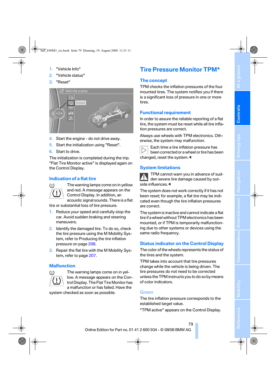 Tire pressure monitor tpm, Lamp, refer to indi- cation of a flat tire | BMW M3 Sedan 2009 User Manual | Page 81 / 246