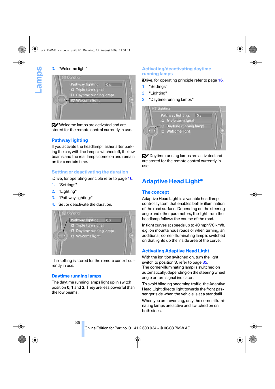 Adaptive head light, La mps | BMW M3 Sedan 2009 User Manual | Page 88 / 246
