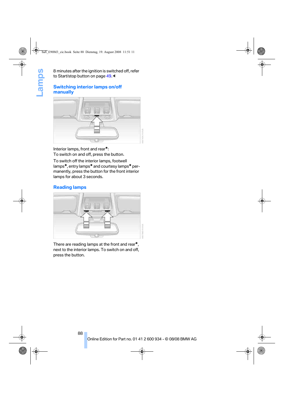 Reading lamps, La mps | BMW M3 Sedan 2009 User Manual | Page 90 / 246