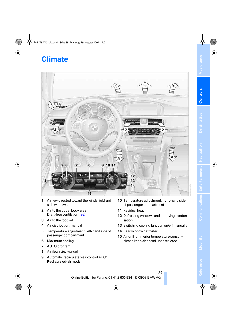 Climate | BMW M3 Sedan 2009 User Manual | Page 91 / 246