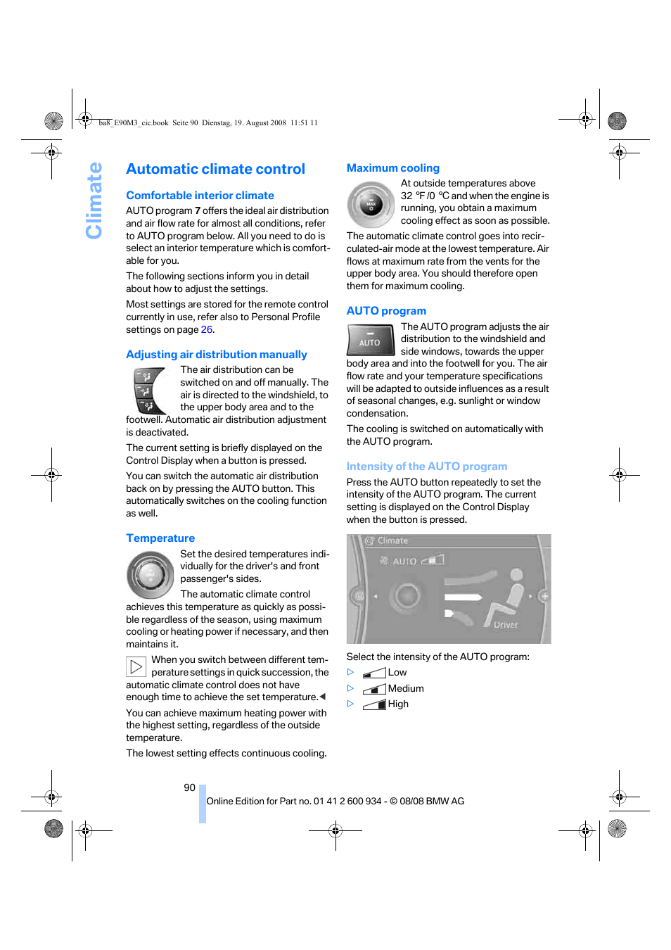 Automatic climate control, Windshield, Distribution to the footwell | Climate | BMW M3 Sedan 2009 User Manual | Page 92 / 246