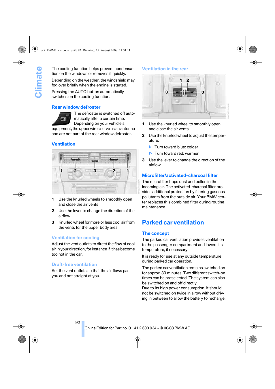 Parked car ventilation, Climate | BMW M3 Sedan 2009 User Manual | Page 94 / 246