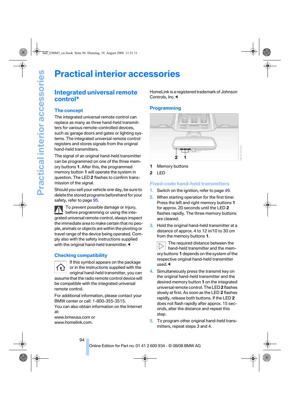 Practical interior accessories, Integrated universal remote control | BMW M3 Sedan 2009 User Manual | Page 96 / 246