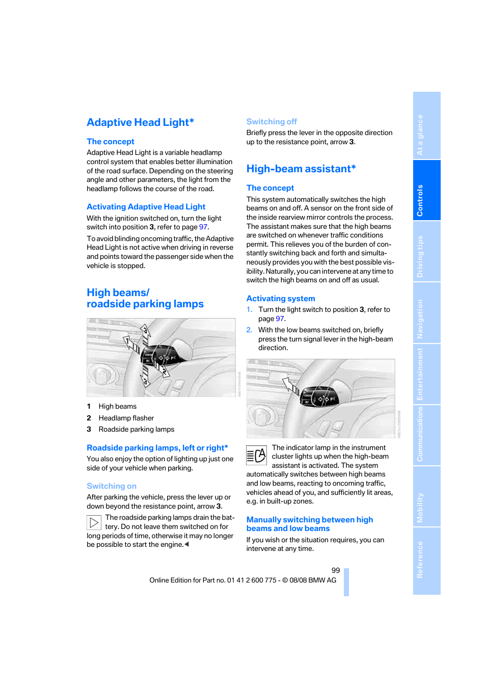 Adaptive head light, High beams/ roadside parking lamps, High-beam assistant | BMW M6 Convertible 2009 User Manual | Page 101 / 270