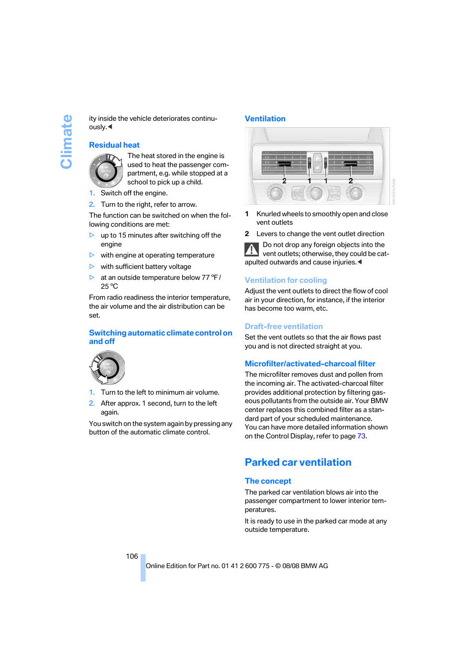 Parked car ventilation, Climate | BMW M6 Convertible 2009 User Manual | Page 108 / 270