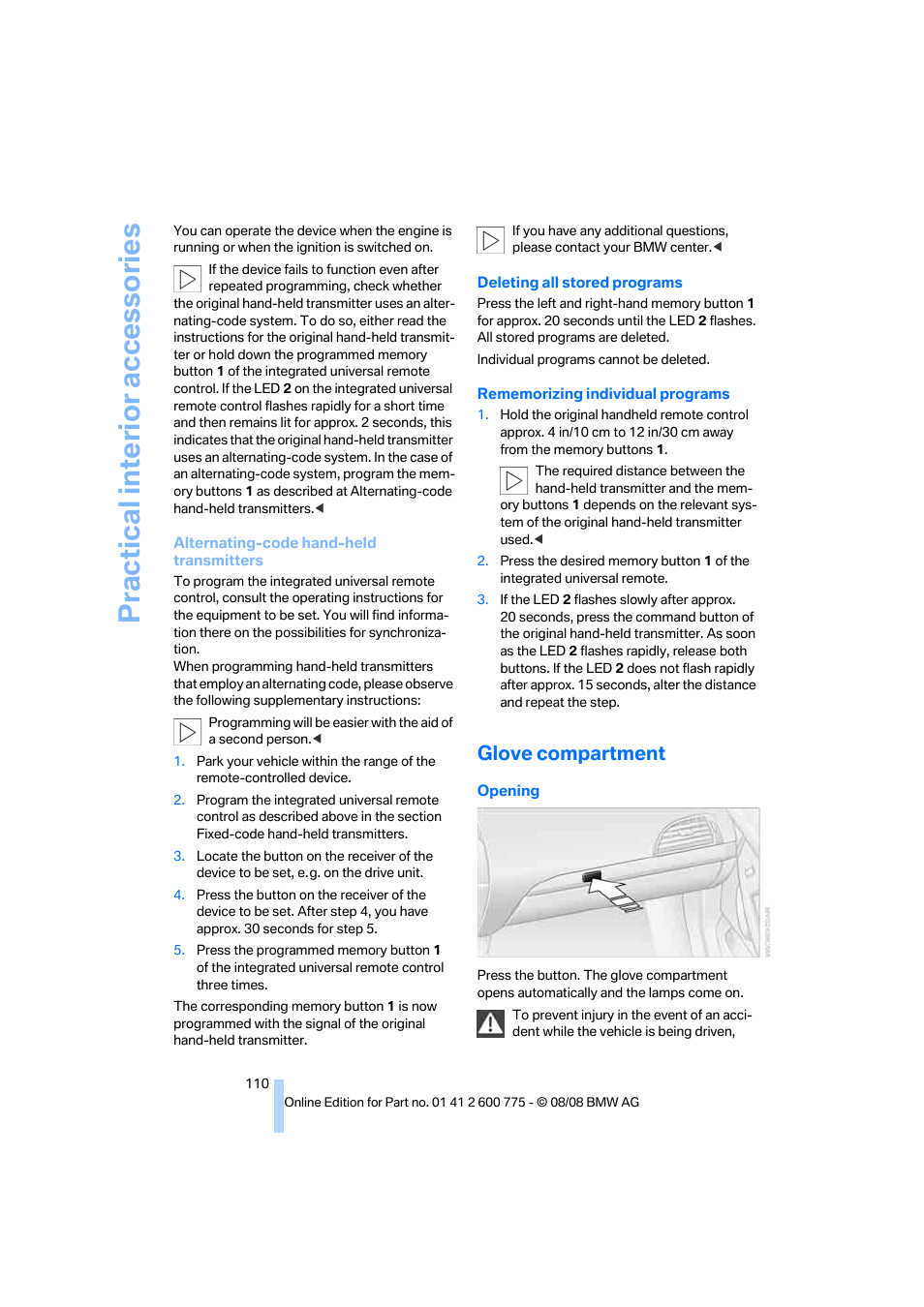 Glove compartment, Practical interior accessories | BMW M6 Convertible 2009 User Manual | Page 112 / 270