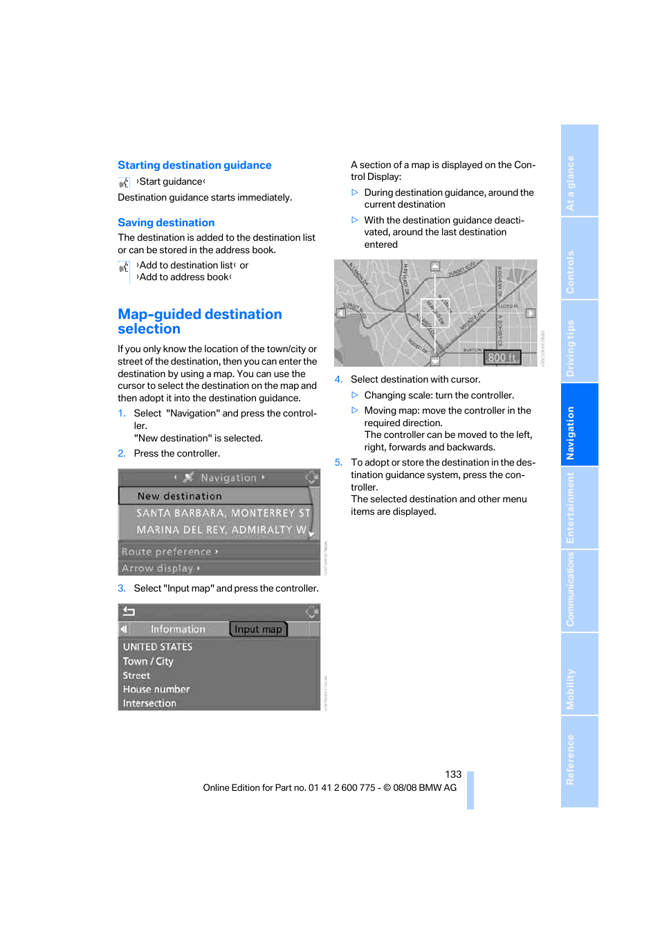 Map-guided destination selection | BMW M6 Convertible 2009 User Manual | Page 135 / 270