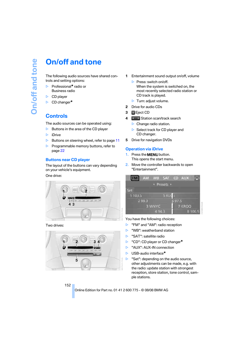 On/off and tone, Controls, Ente | BMW M6 Convertible 2009 User Manual | Page 154 / 270