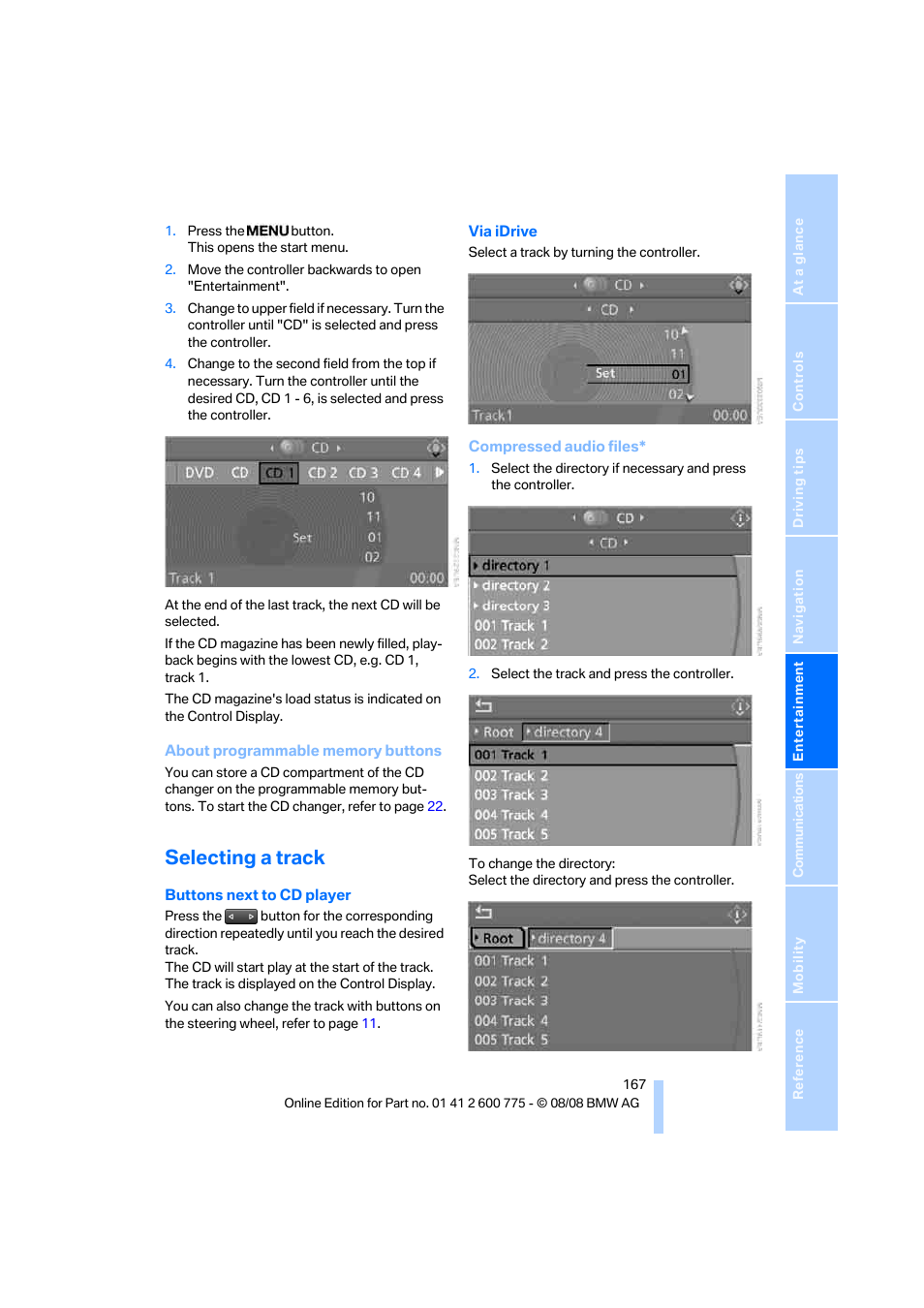 Selecting a track, Track, O cd | BMW M6 Convertible 2009 User Manual | Page 169 / 270