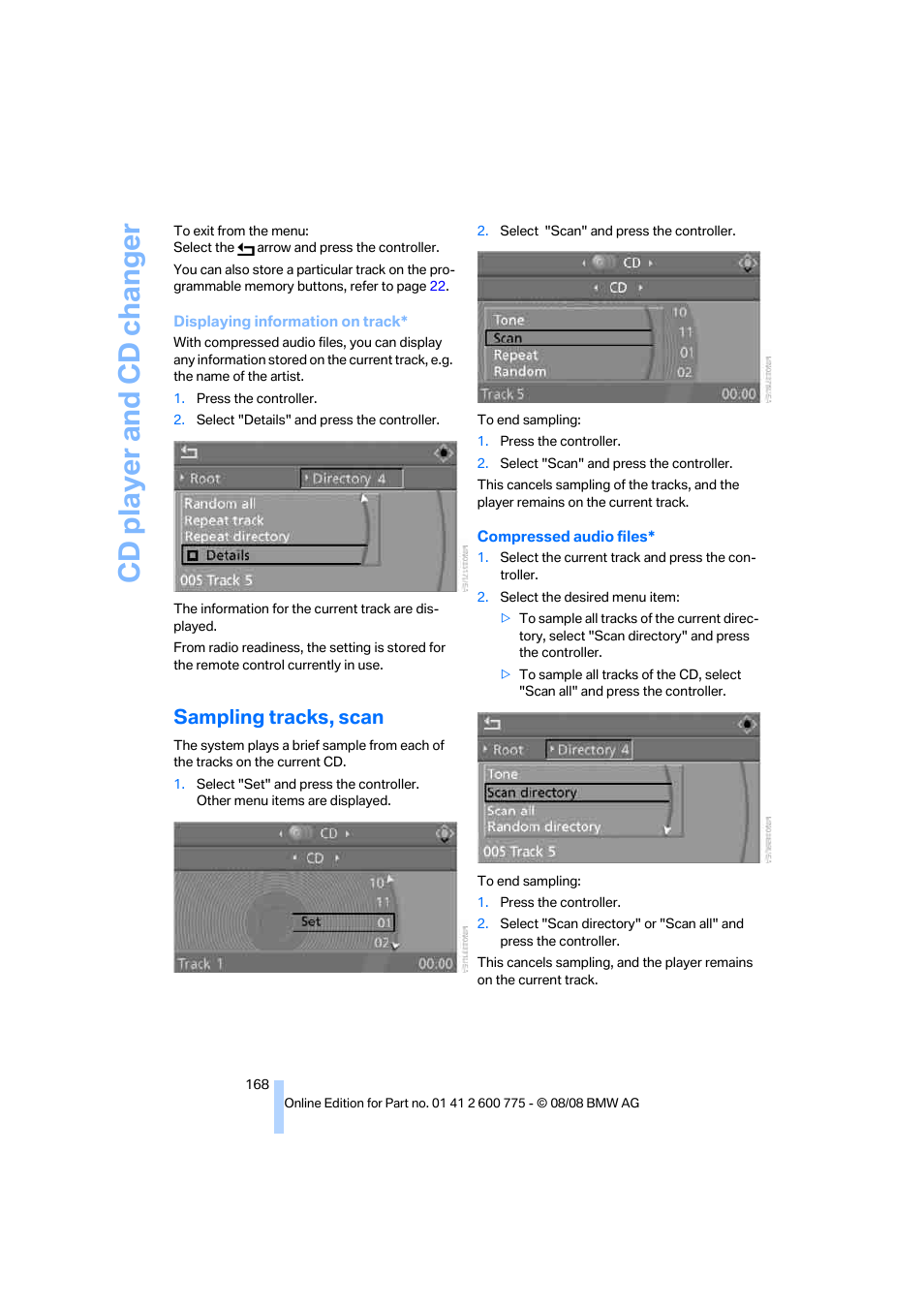 Sampling tracks, scan, Cd player and cd changer | BMW M6 Convertible 2009 User Manual | Page 170 / 270