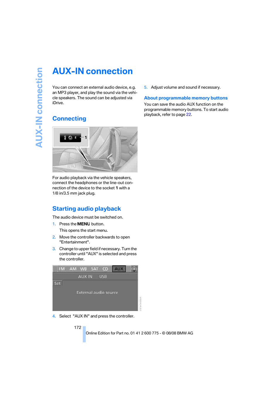 Aux-in connection, Connecting, Starting audio playback | BMW M6 Convertible 2009 User Manual | Page 174 / 270