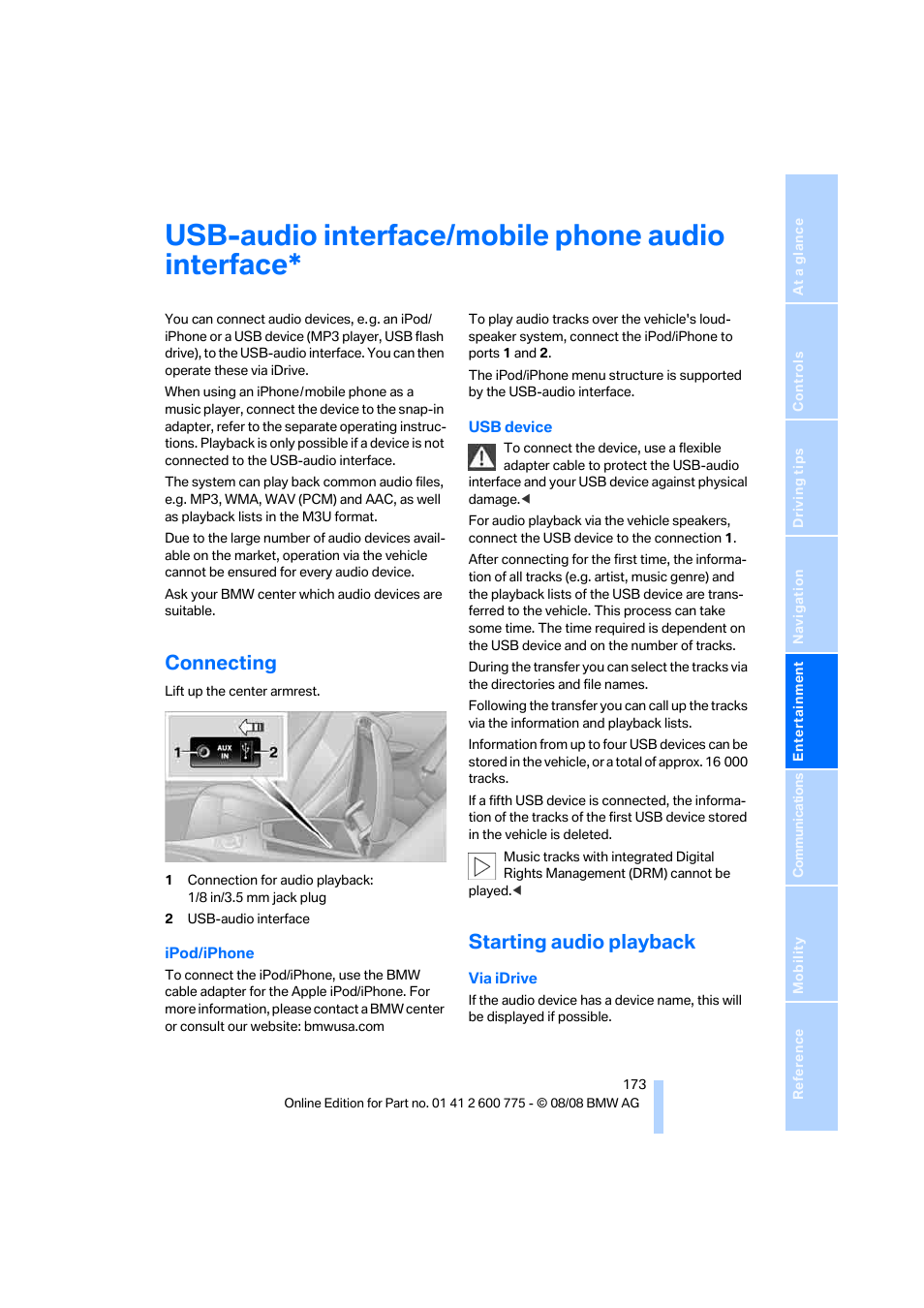 Usb-audio interface/mobile phone audio interface, Connecting, Starting audio playback | BMW M6 Convertible 2009 User Manual | Page 175 / 270