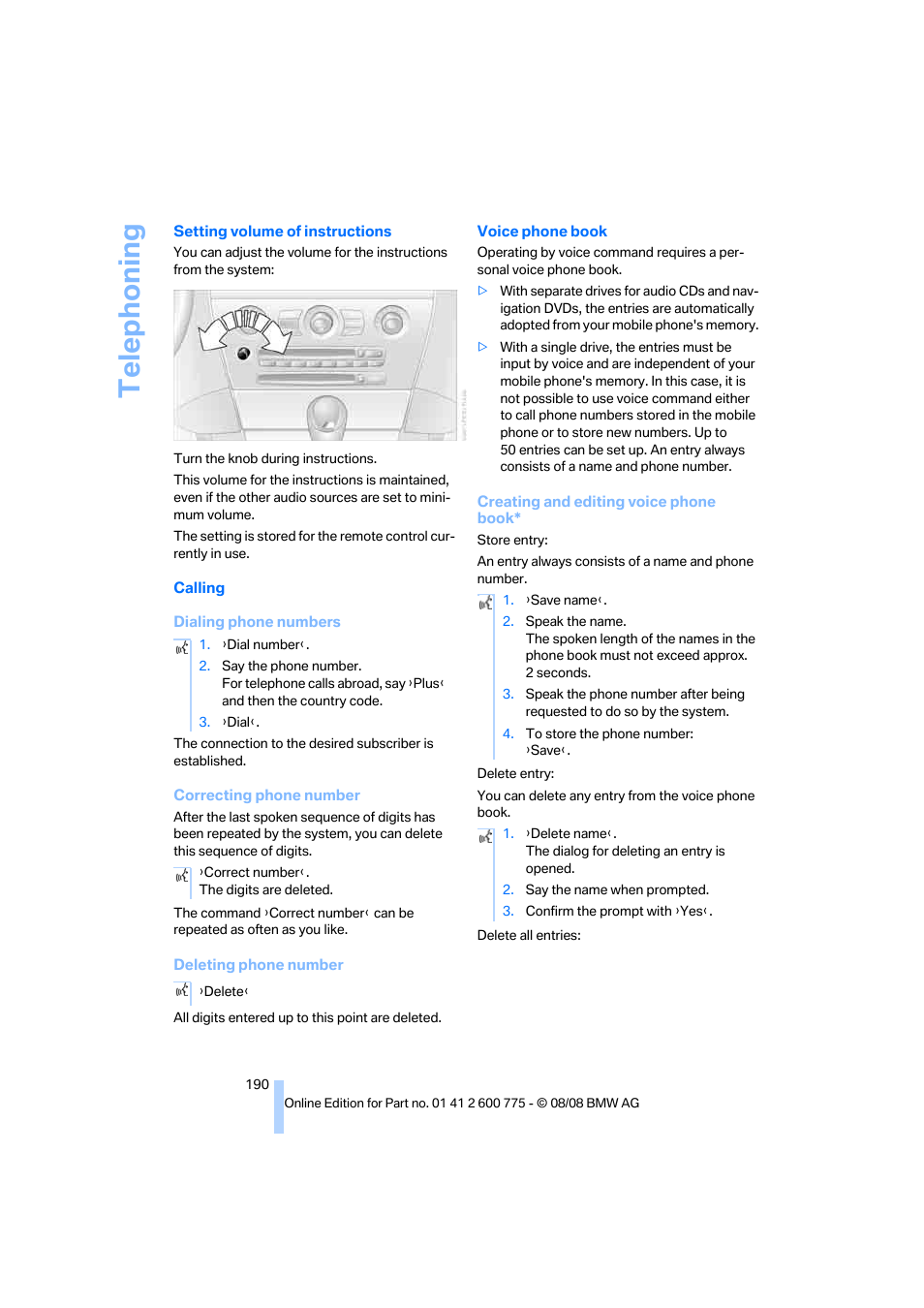 Telephoning | BMW M6 Convertible 2009 User Manual | Page 192 / 270