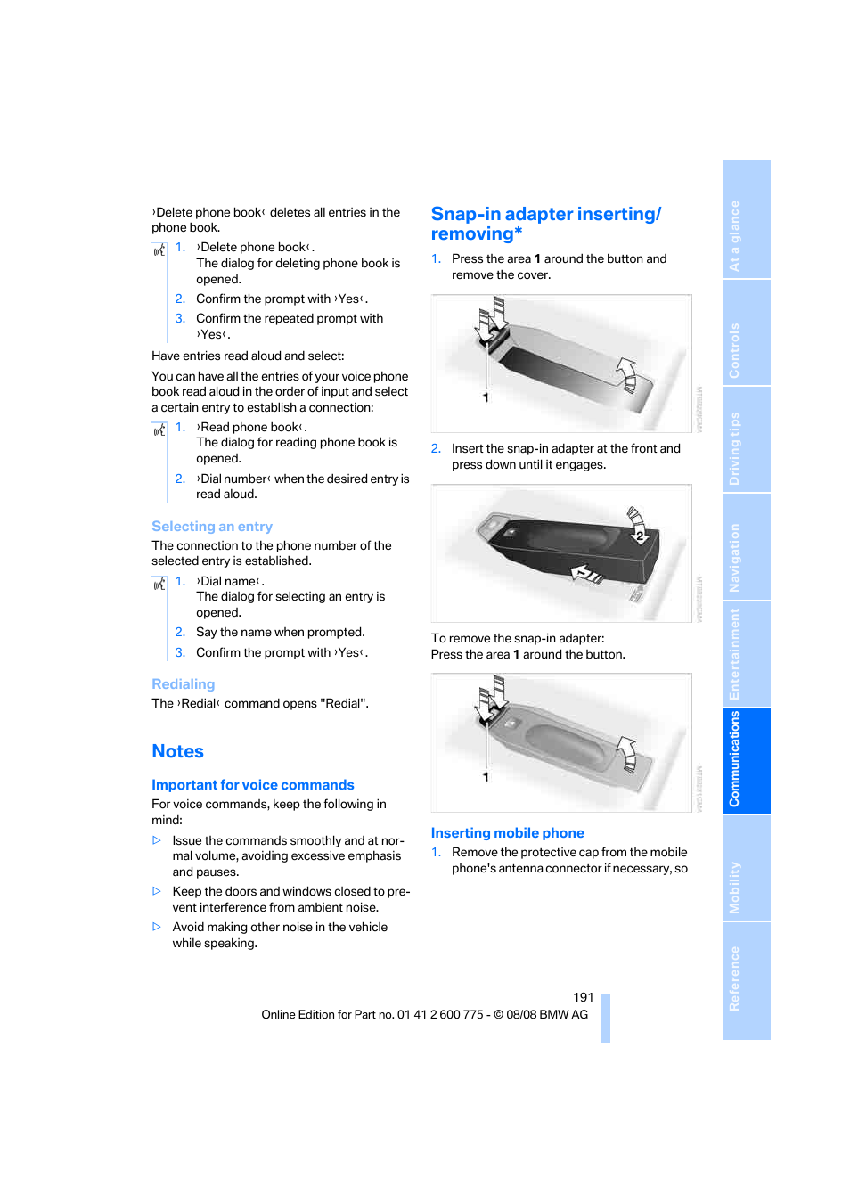 Notes, Snap-in adapter inserting/ removing | BMW M6 Convertible 2009 User Manual | Page 193 / 270