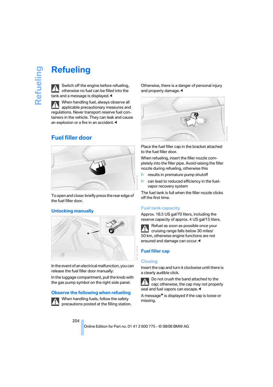 Refueling, Fuel filler door, Lity | BMW M6 Convertible 2009 User Manual | Page 206 / 270