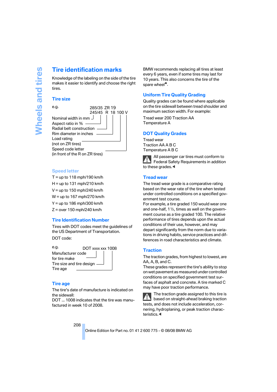 Tire identification marks, Wheels and tires | BMW M6 Convertible 2009 User Manual | Page 210 / 270