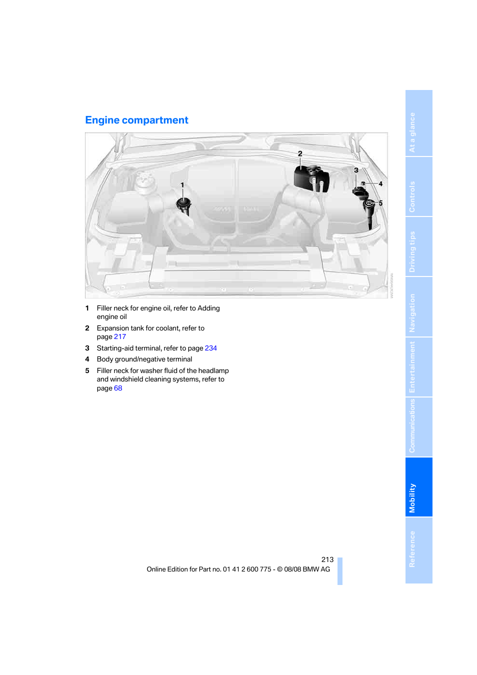 Engine compartment | BMW M6 Convertible 2009 User Manual | Page 215 / 270