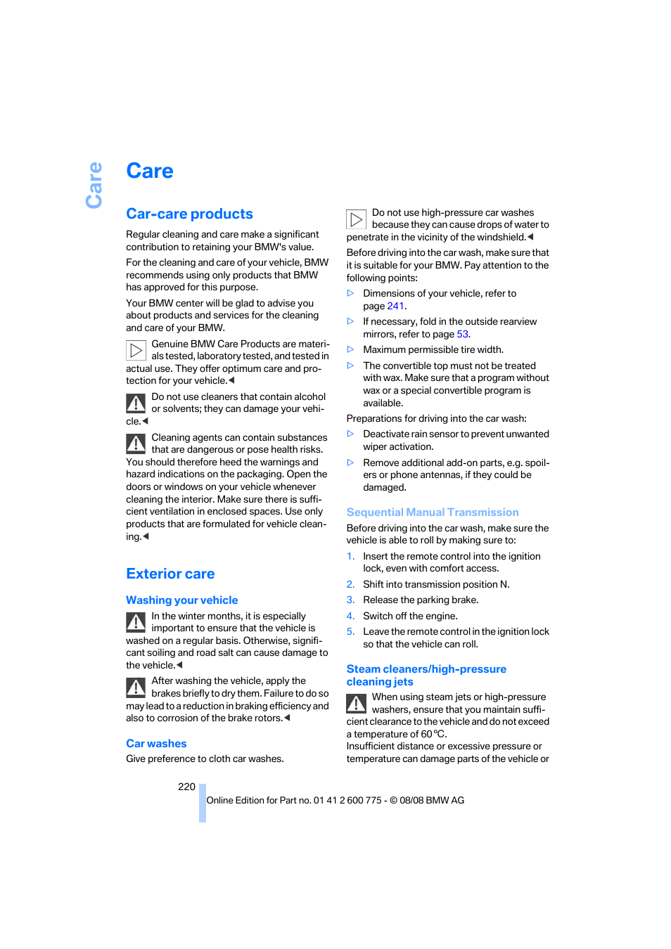 Care, Car-care products, Exterior care | BMW M6 Convertible 2009 User Manual | Page 222 / 270