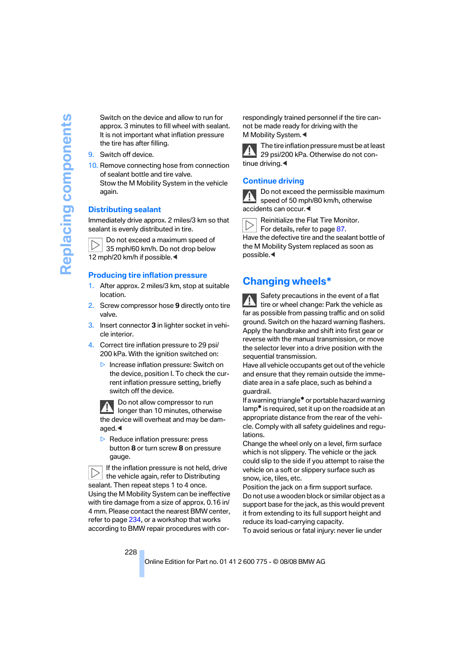 Changing wheels, Replacing components | BMW M6 Convertible 2009 User Manual | Page 230 / 270
