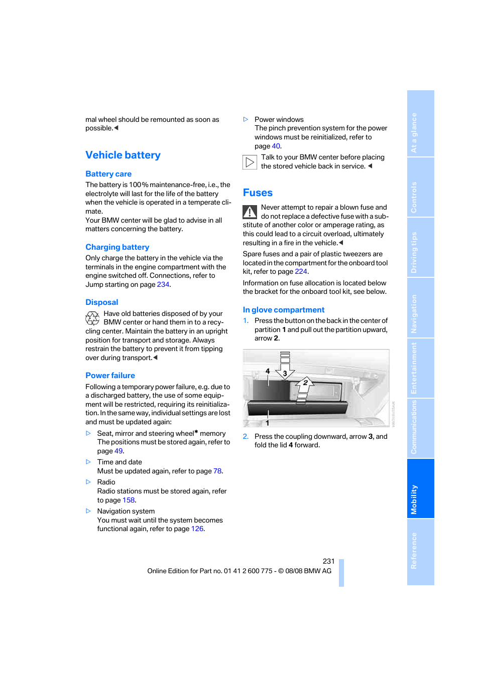 Vehicle battery, Fuses | BMW M6 Convertible 2009 User Manual | Page 233 / 270