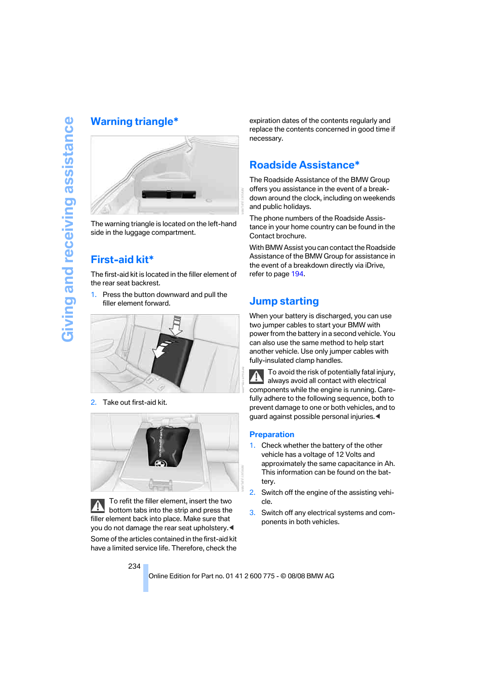 Warning triangle, First-aid kit, Roadside assistance | Jump starting, Giving and receiving assistance | BMW M6 Convertible 2009 User Manual | Page 236 / 270